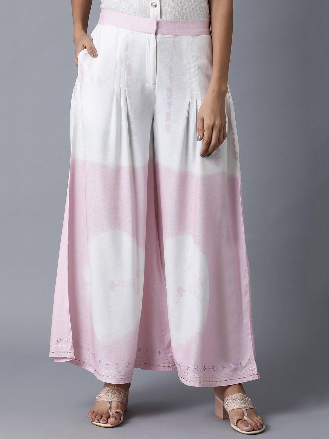 W Women Pink & White Printed Wide Leg Palazzos Price in India