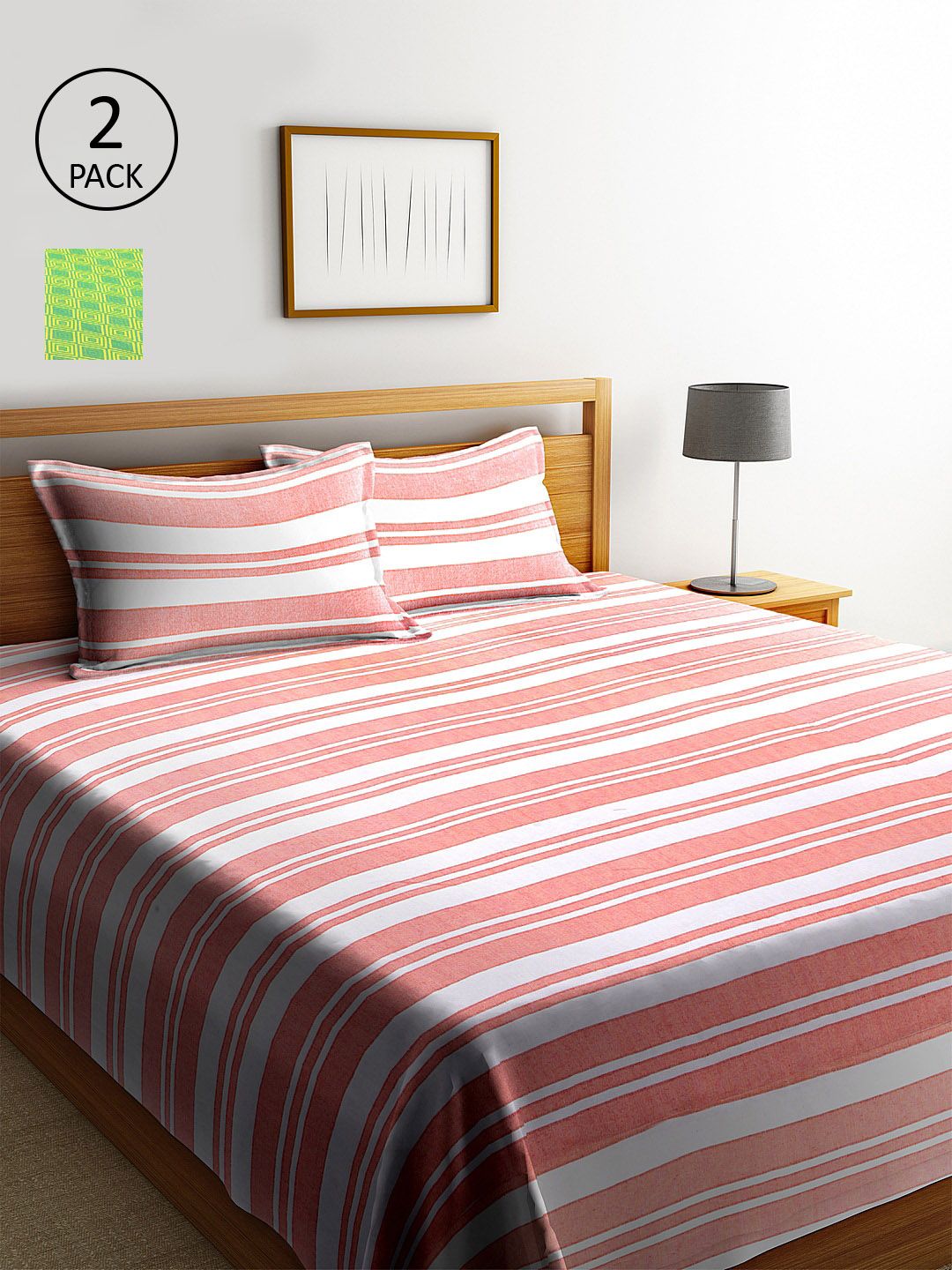KLOTTHE Set Of 2 Pink & Green Striped Double King Bed Covers With 4 Pillow Cover Price in India
