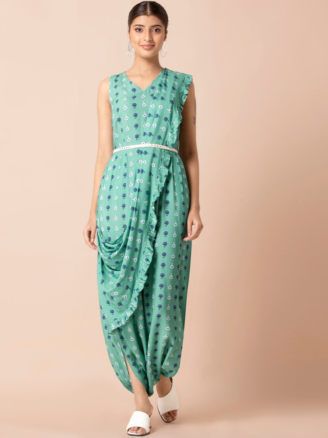 INDYA Sea Green Floral Boota Jumpsuit with Attached Dupatta Price in India