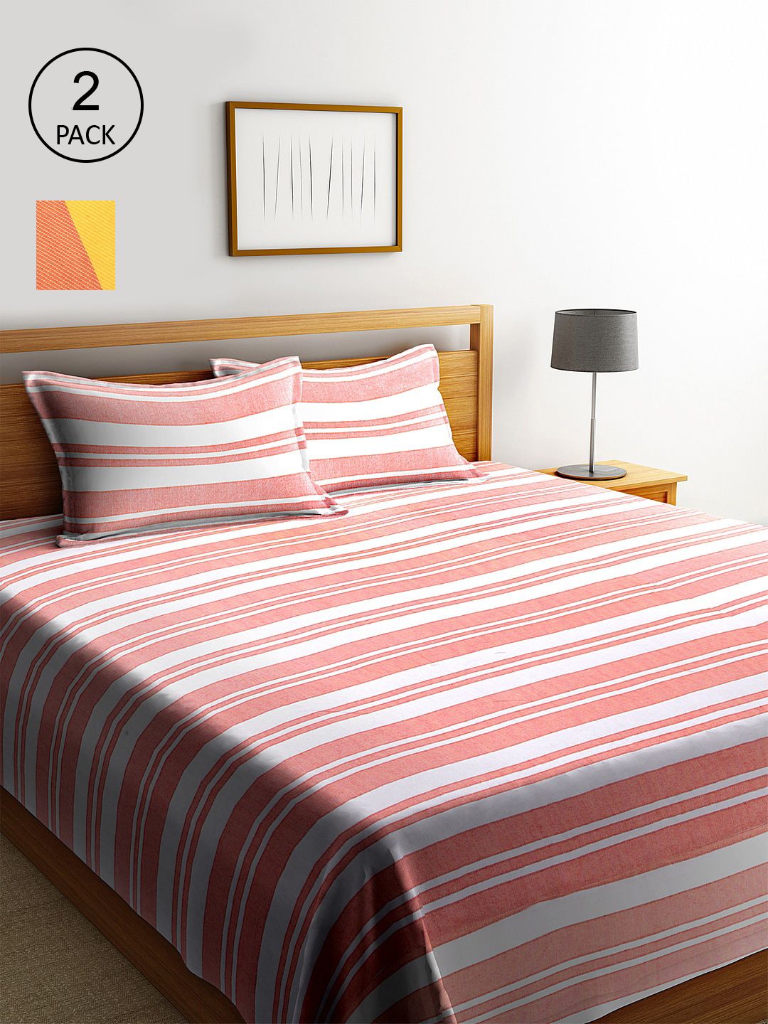 KLOTTHE Set of 2 Pink & Orange Striped Double King Bed Covers With 4 Pillow Covers Price in India