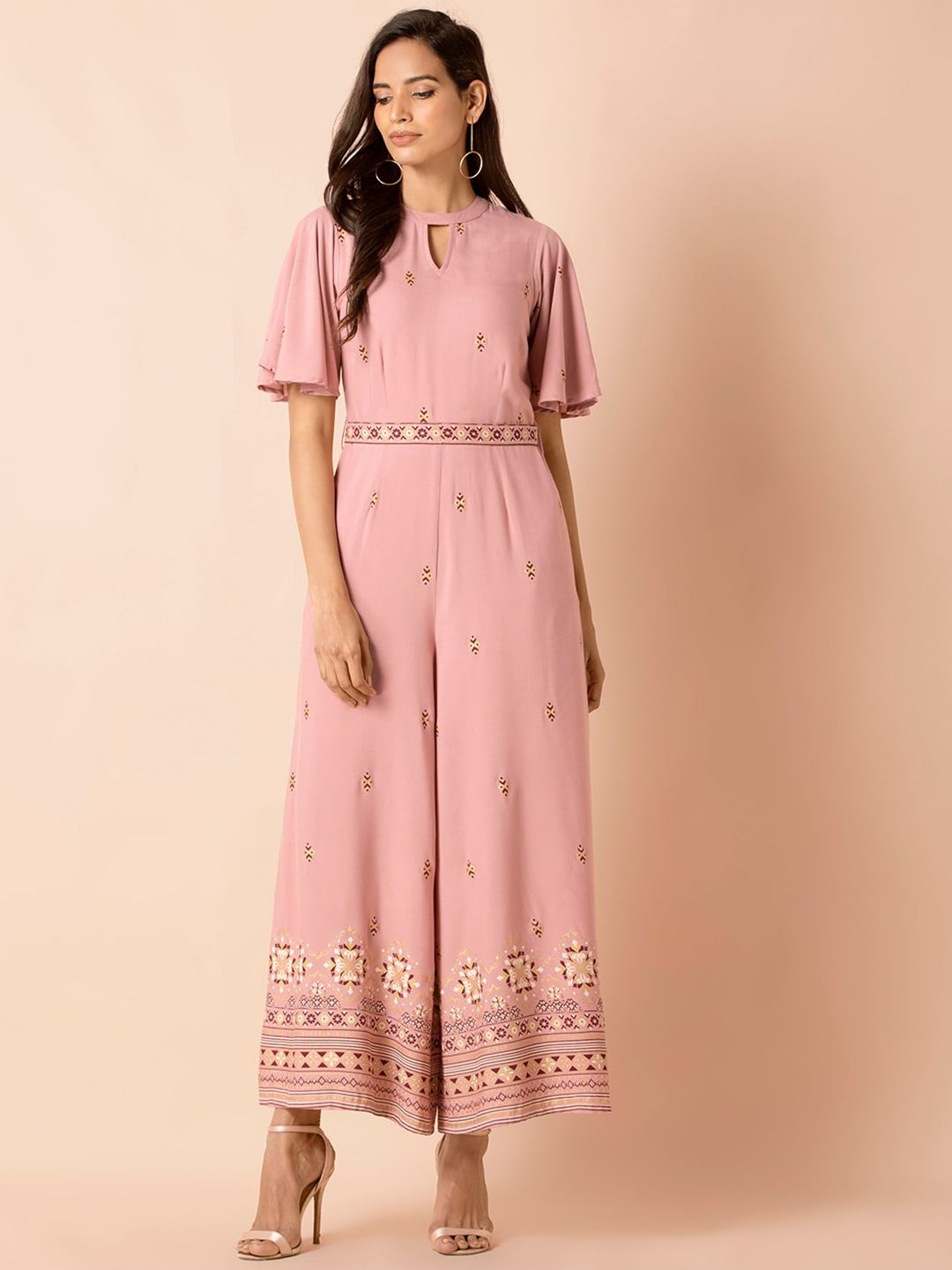 INDYA Women Pink & Maroon Printed Basic Jumpsuit Price in India