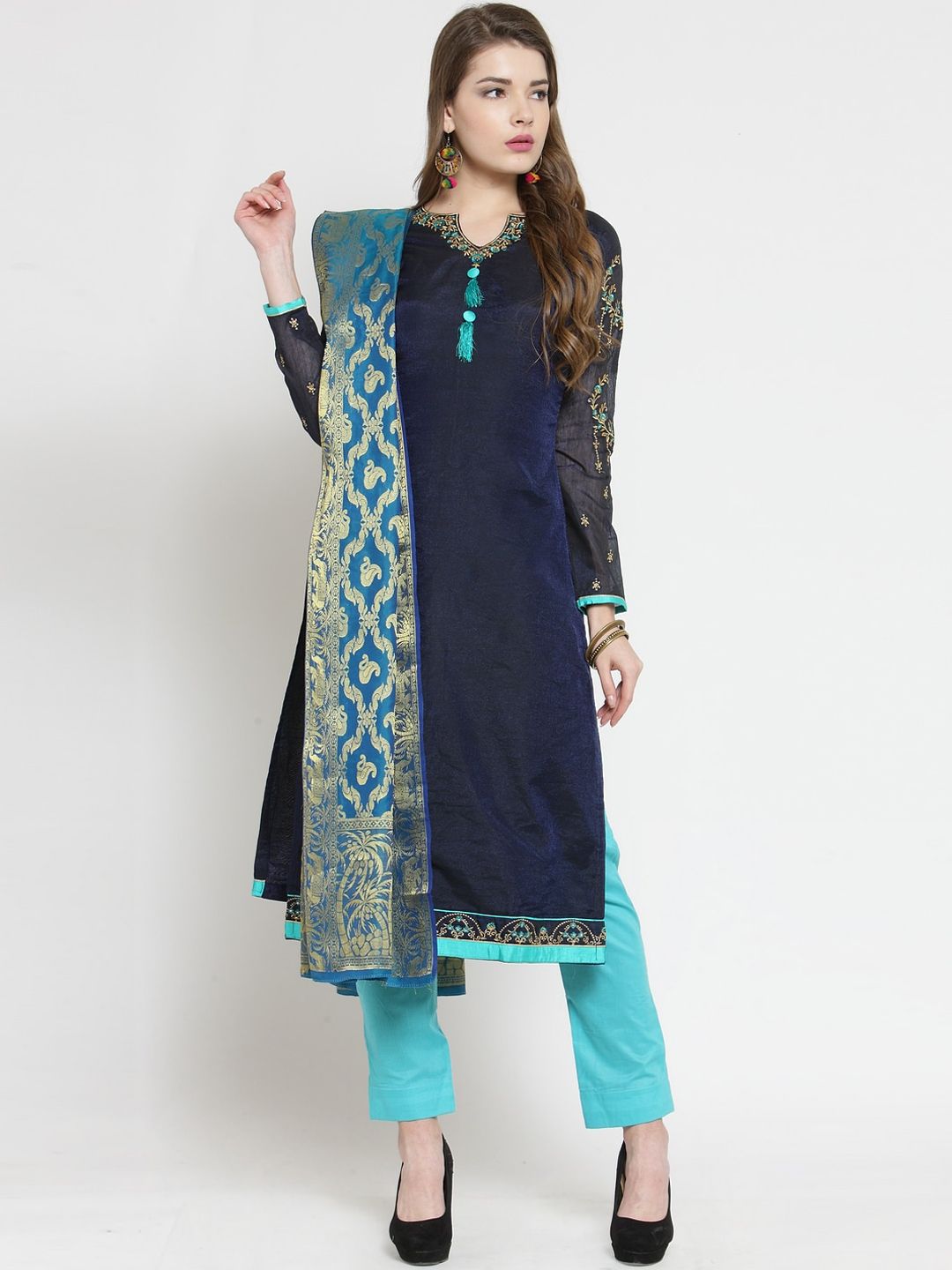 mf Blue Silk Blend Unstitched Dress Material Price in India