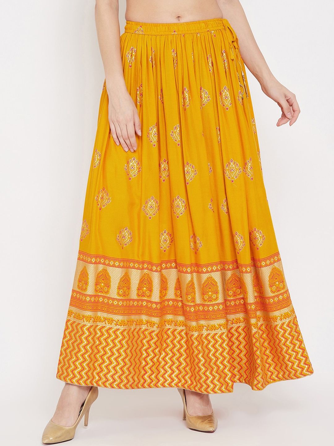 Clora Creation Women Mustard Yellow & Orange Printed Flared Maxi Skirt