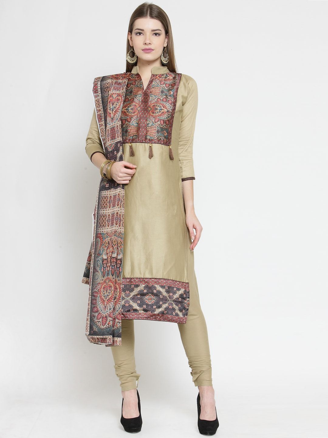 mf Beige & Maroon Cotton Blend Unstitched Dress Material Price in India