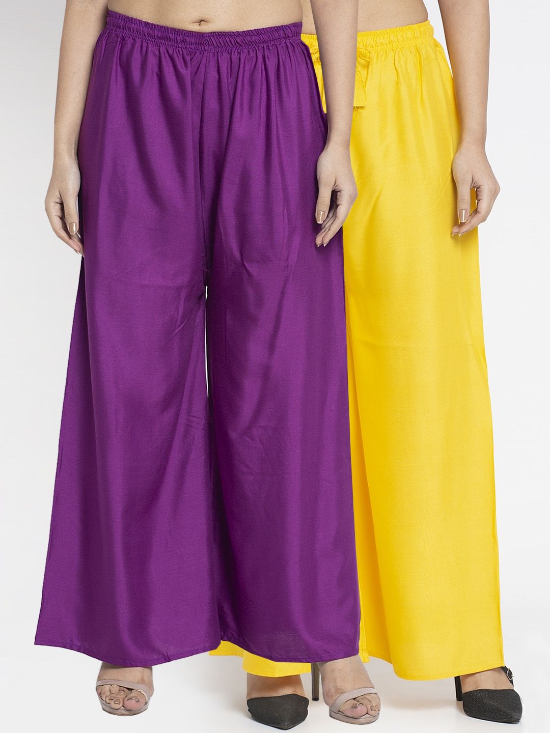 GRACIT Women Pack of 2 Yellow & Purple Solid Flared Palazzos Price in India