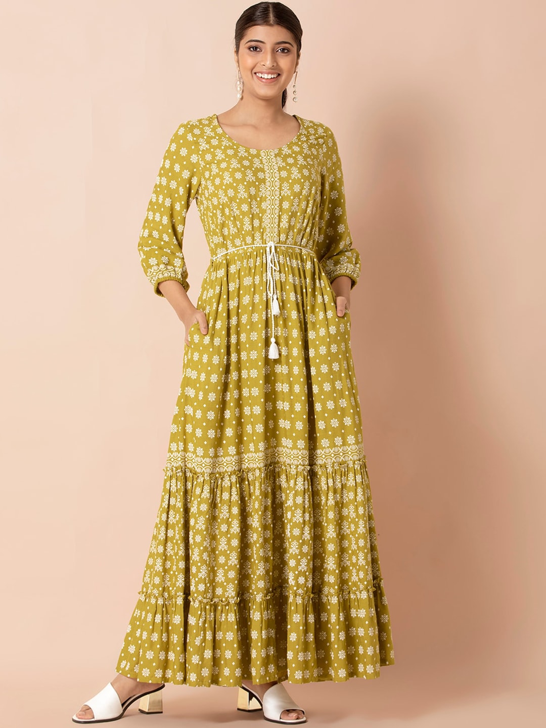 INDYA Olive Floral Tiered Maxi Kurta with Dori Belt Price in India