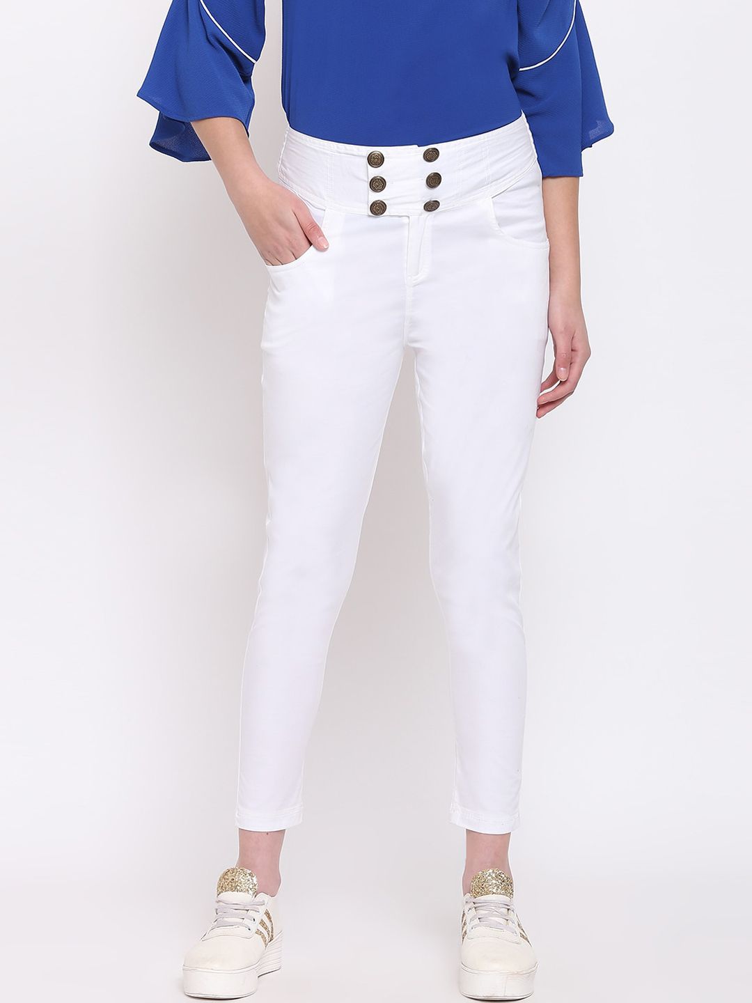 RIVI Women White Slim Fit Solid Regular Trousers Price in India