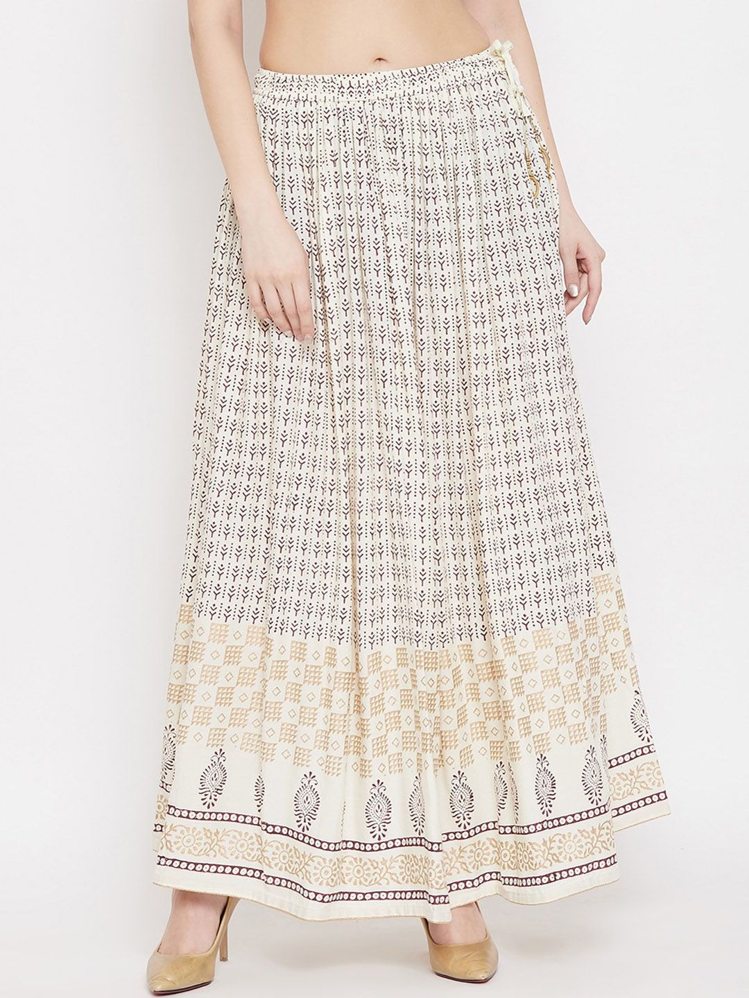 Clora Creation Women Cream-Coloured & Brown Printed Flared Maxi Skirt