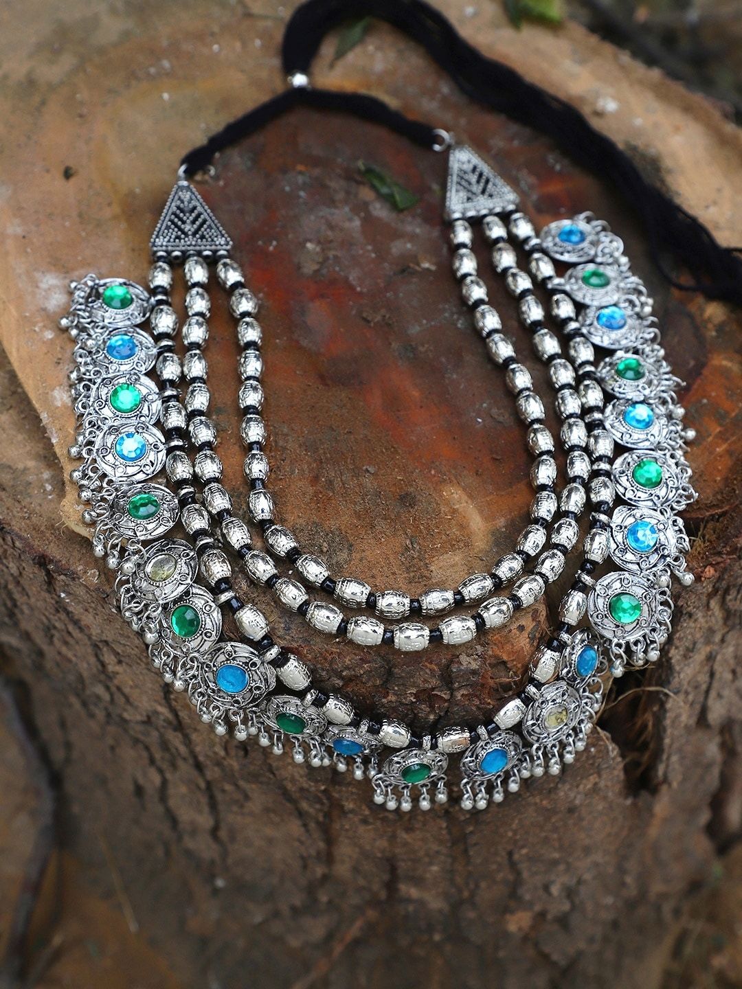 Crunchy Fashion Silver-Toned & Green Alloy Silver-Plated Oxidised Necklace Price in India