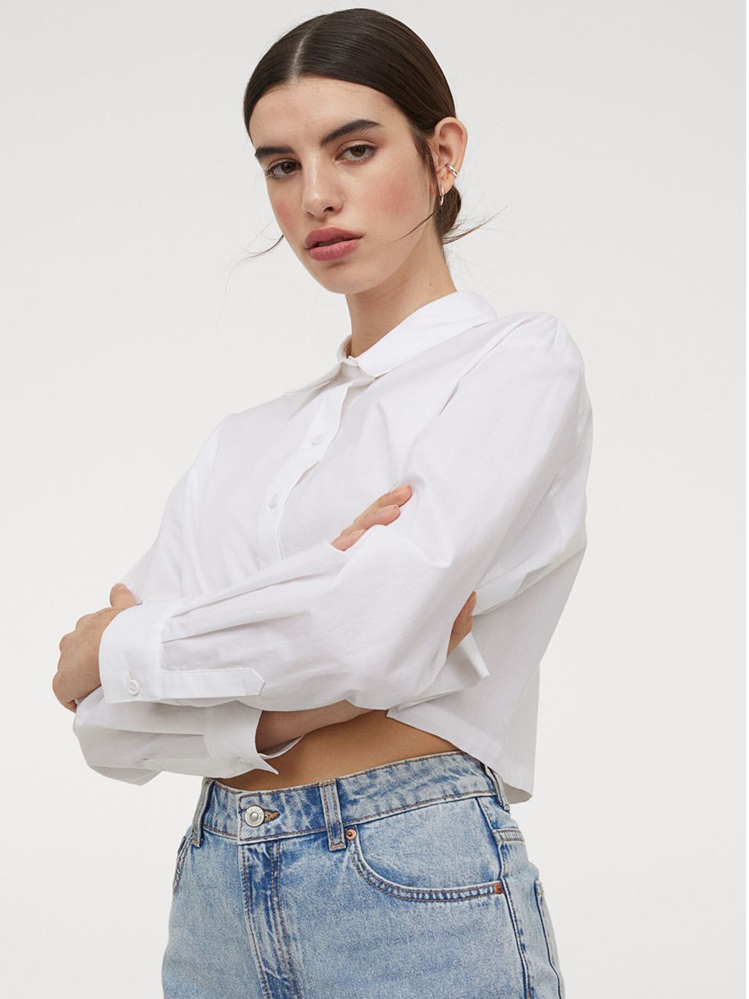 H&M Women White Solid Cropped Cotton Shirt