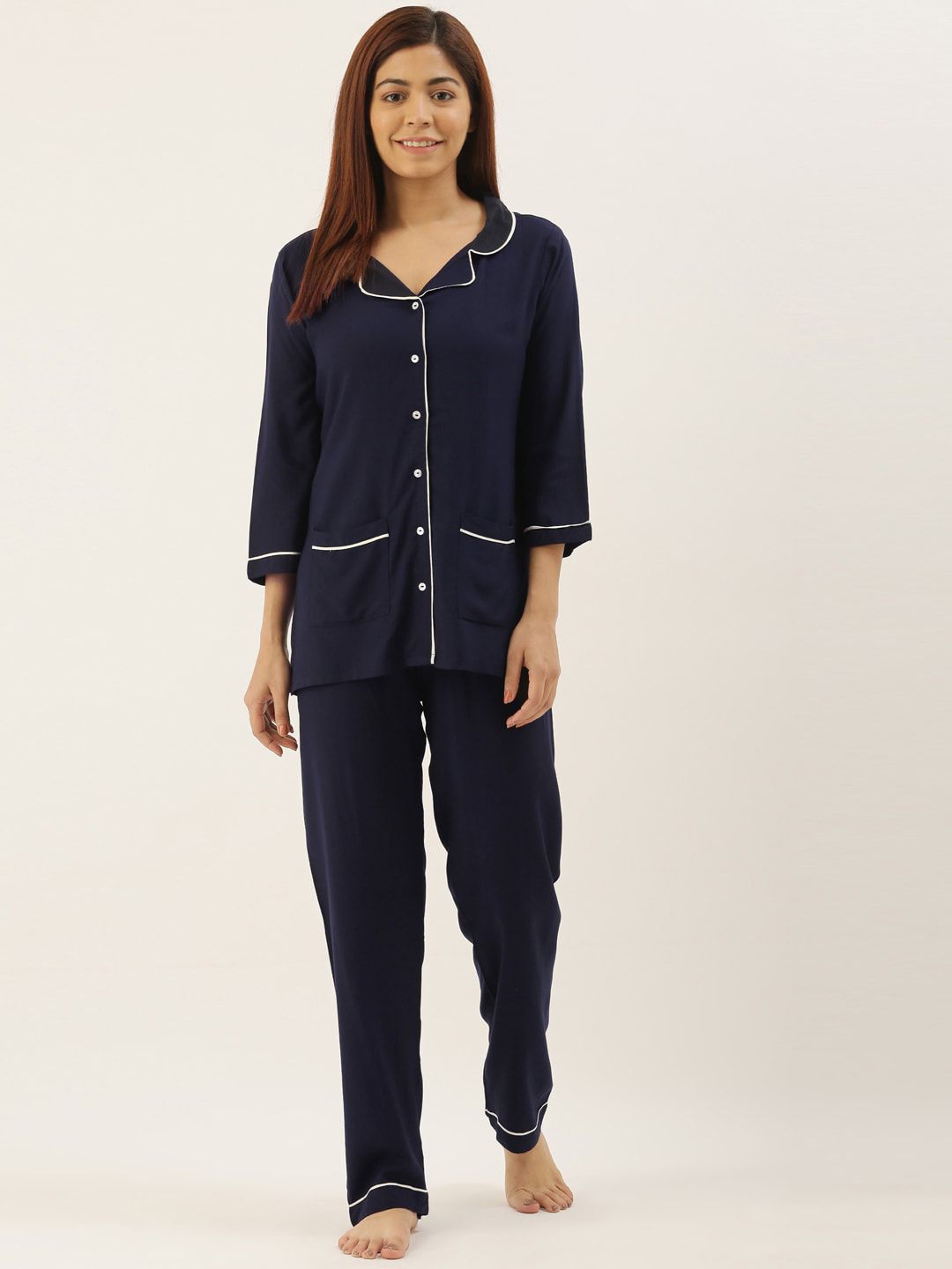 Bannos Swagger Women Navy Blue Solid Night suit Price in India