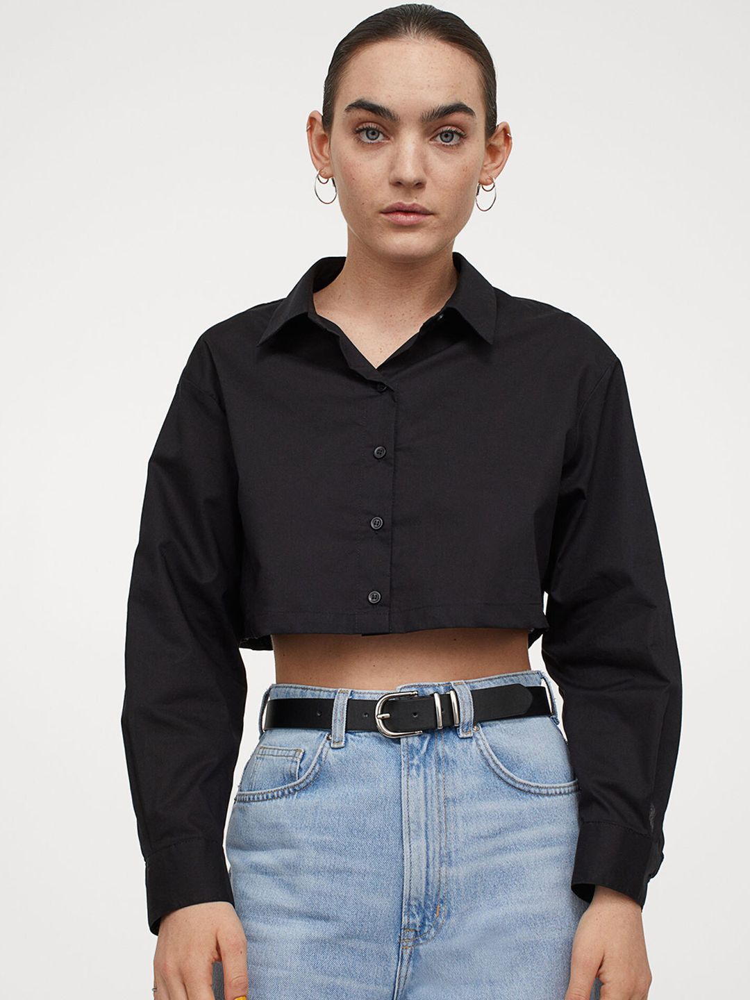 H&M Women Black Cropped Cotton Shirt