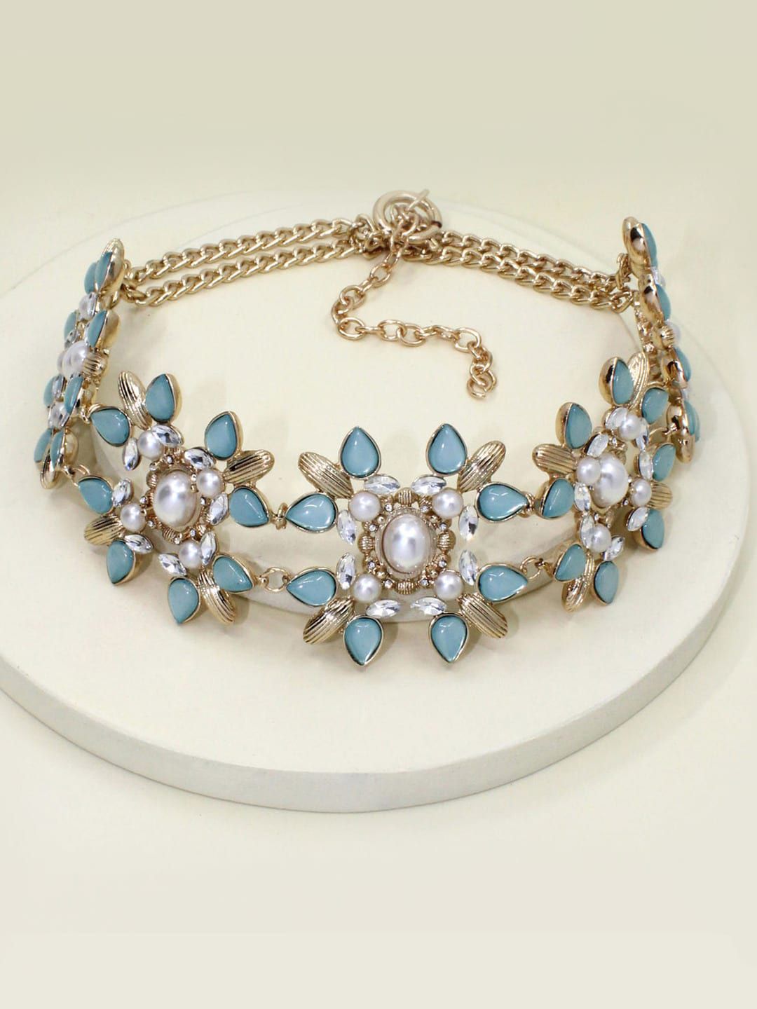 Runway Ritual Gold-Toned & Blue Metal Gold-Plated Choker Necklace Price in India