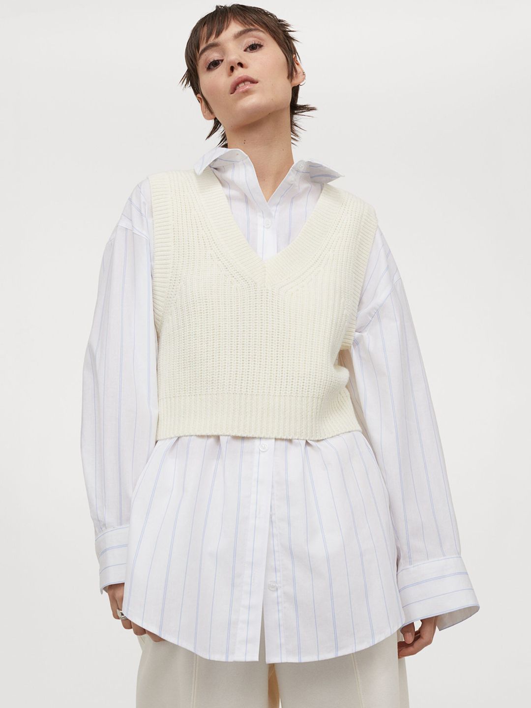 H&M Women White & Blue Oversized Cotton Shirt