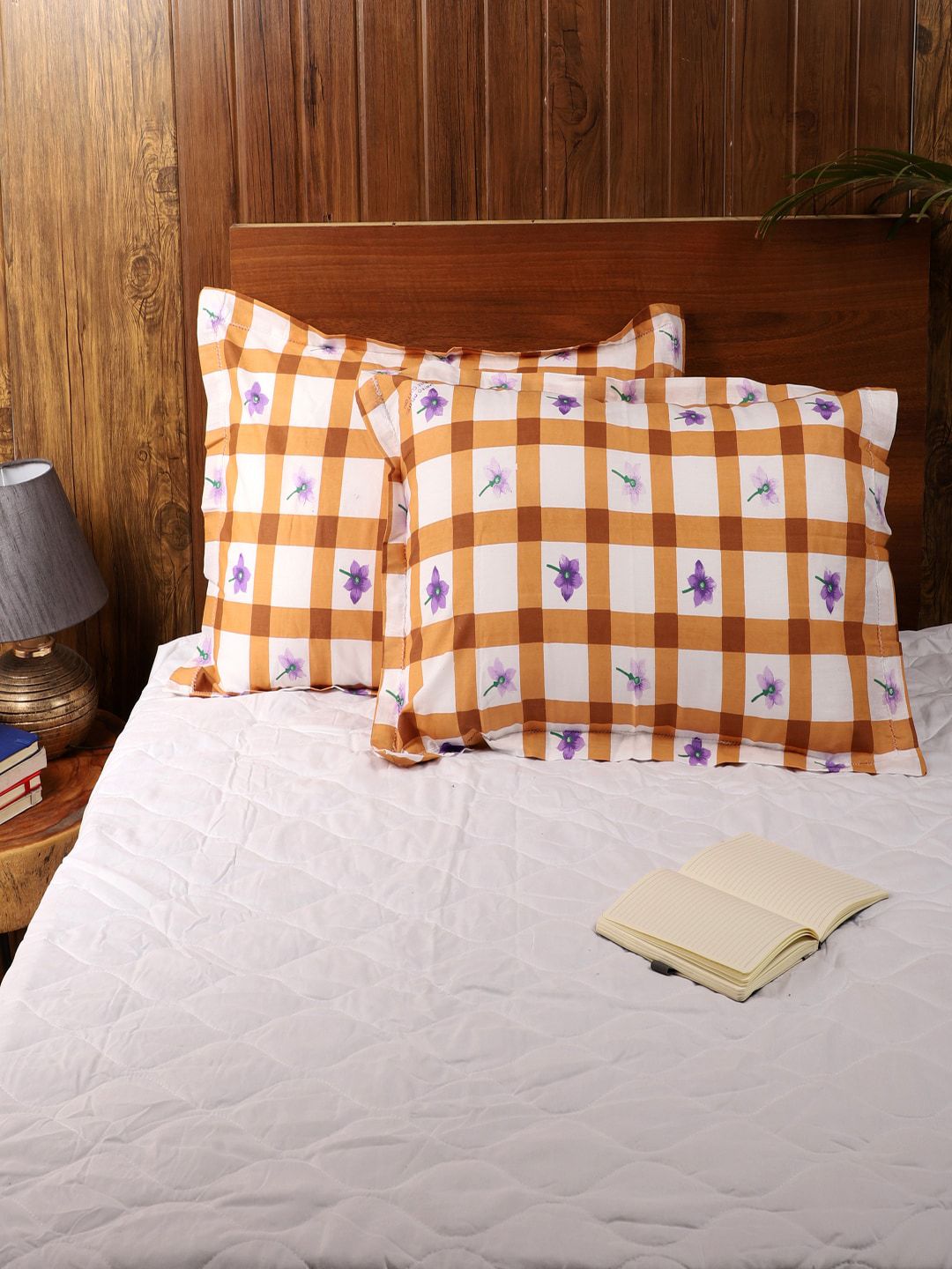 MFD HOME FURNISHING Set Of 2 Brown & White Checked Sleep Pillows Price in India