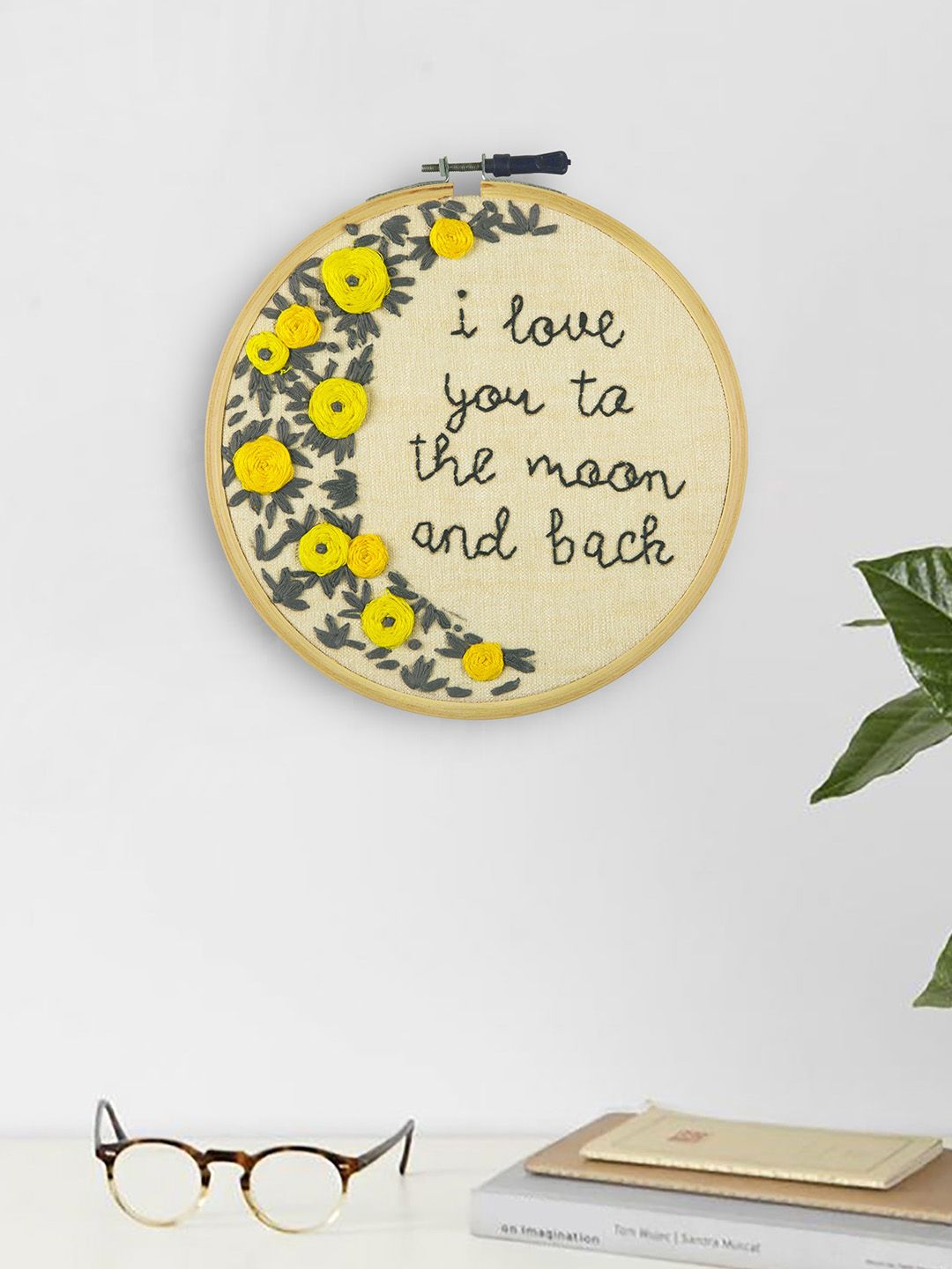 Bigsmall Yellow Love You To The Moon Embroidery Hoop Wall Art Price in India