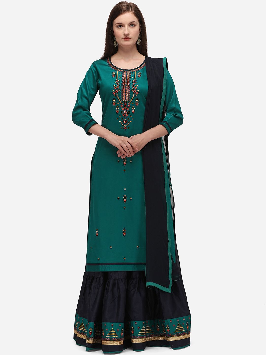 SheWill Teal Green Silk Blend Unstitched Dress Material Price in India