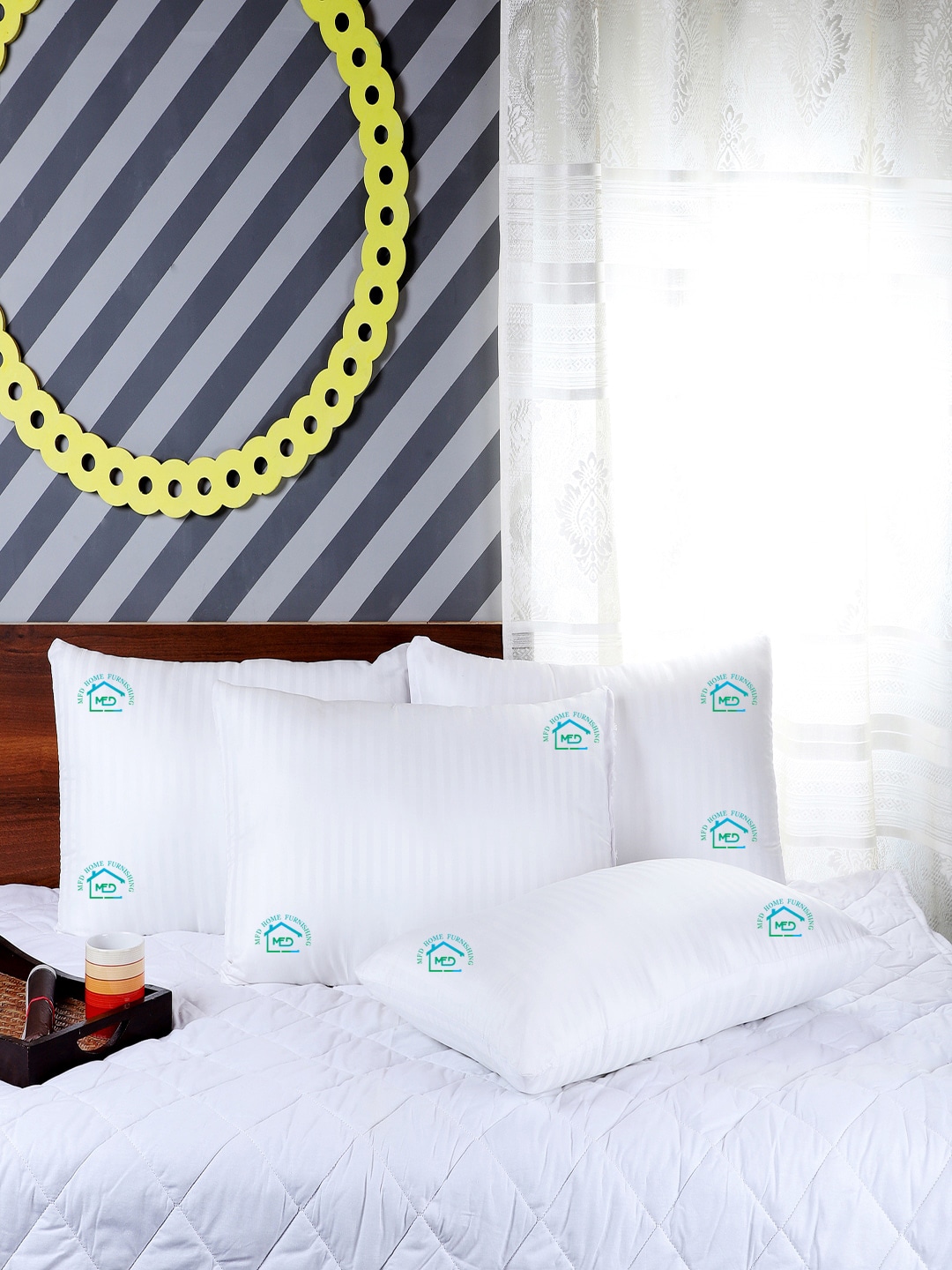 MFD HOME FURNISHING Set Of 4 White Striped Sleep Pillows Price in India