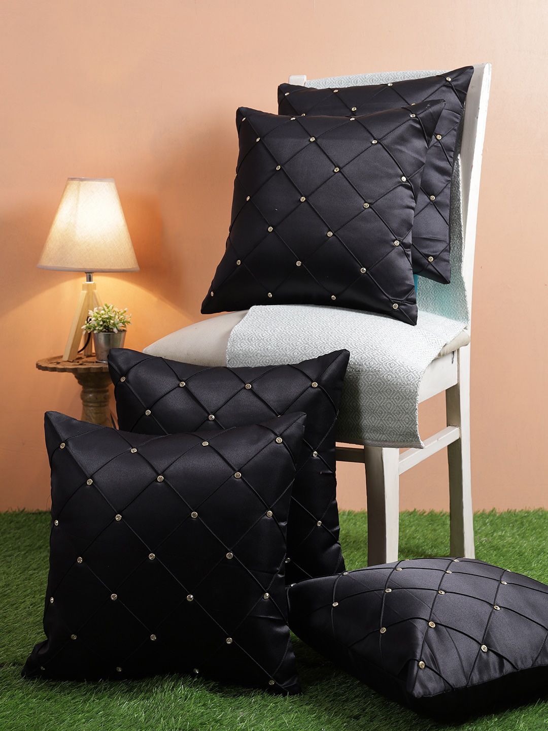 ROMEE Black & Gold-Toned Set of 5 Self Design Square Cushion Covers Price in India