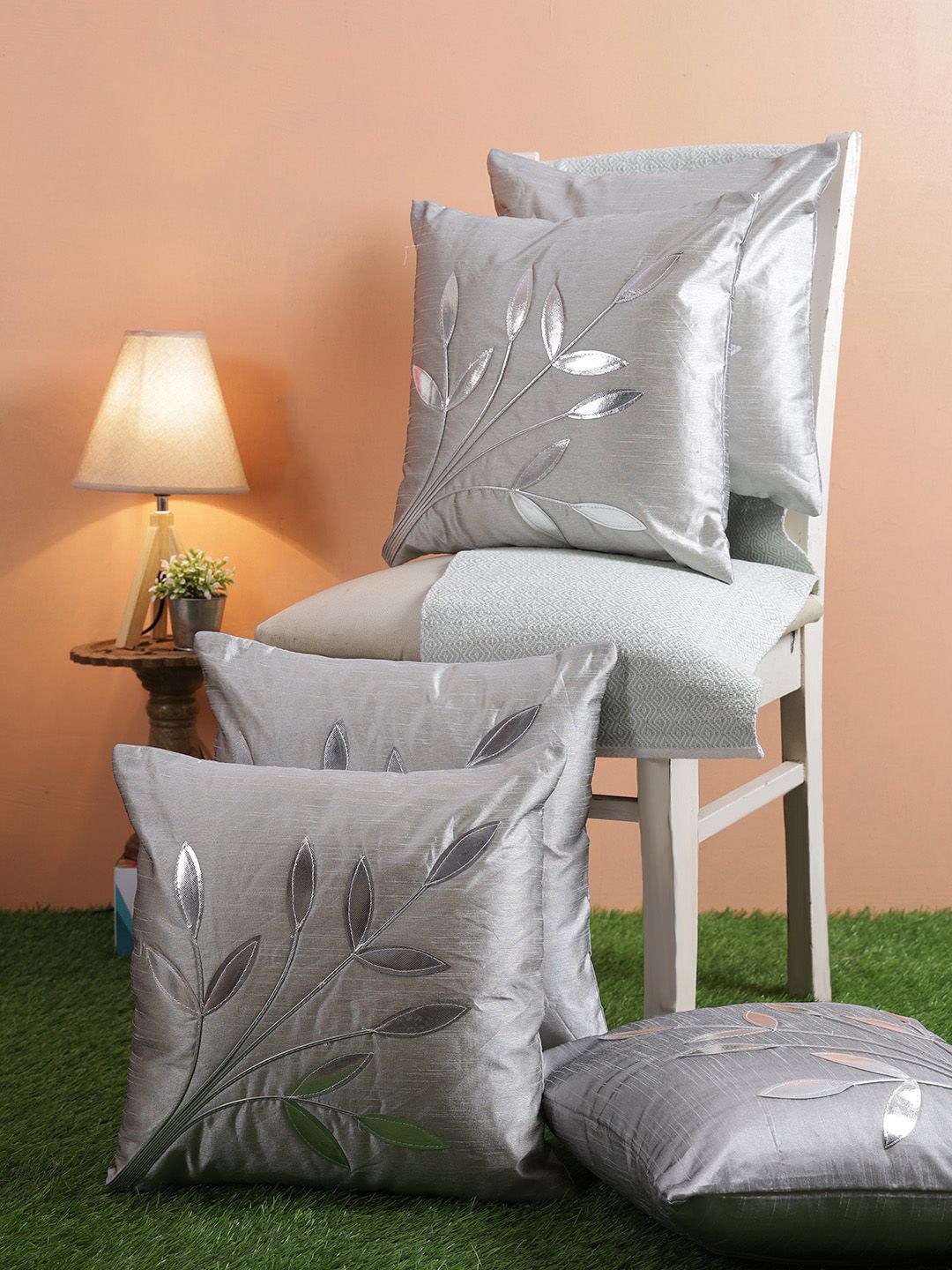 ROMEE Silver-Toned Set of 5 Embellished Square Cushion Covers Price in India