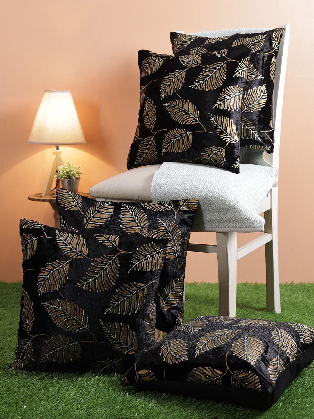 ROMEE Black & Brown Set of 5 Floral Square Cushion Covers Price in India