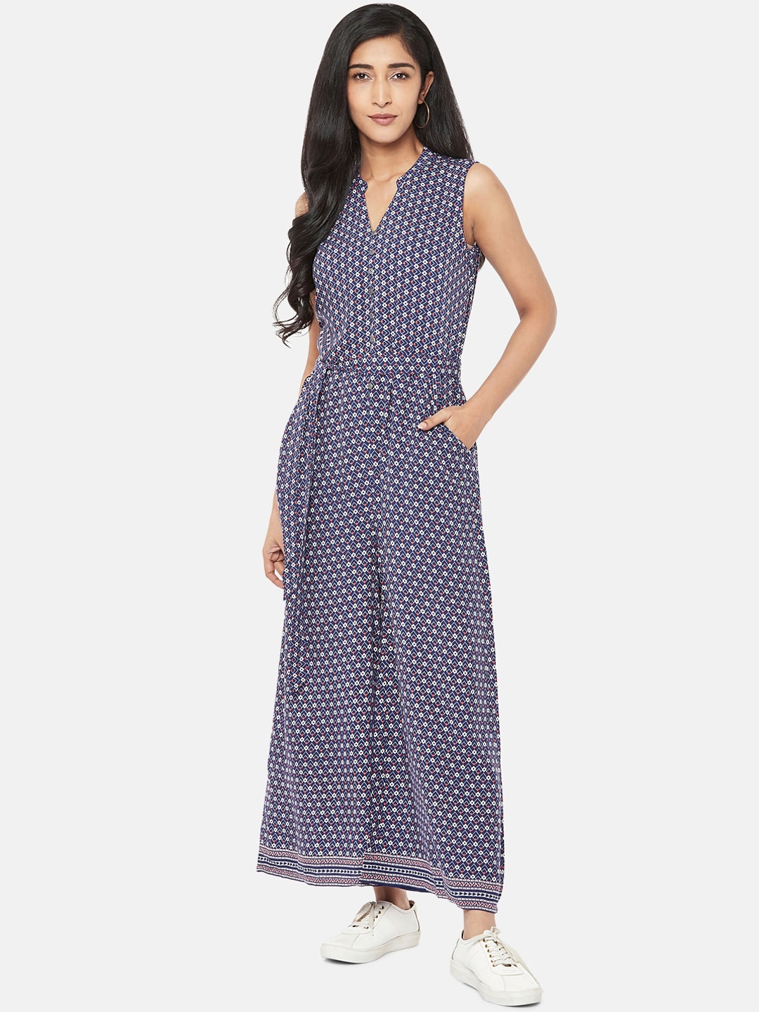 People Women Navy Blue & White Printed Viscose Rayon Basic Jumpsuit Price in India