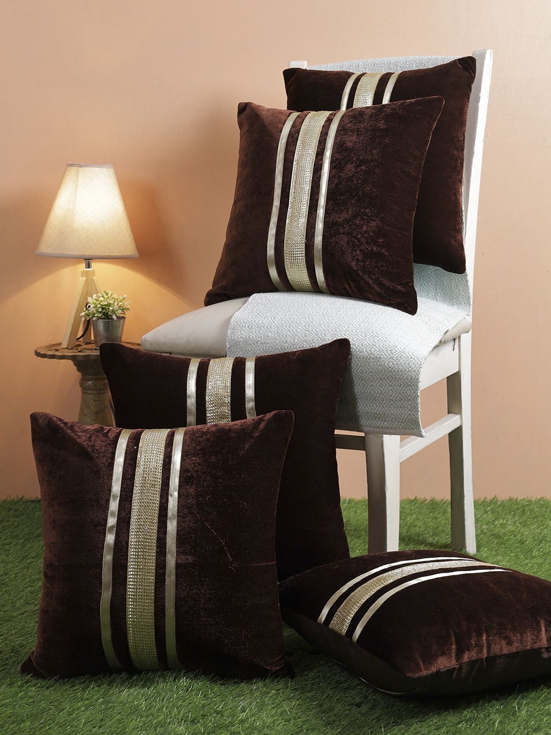 ROMEE Coffee Brown & Gold-Toned Set of 5 Striped Square Cushion Covers Price in India