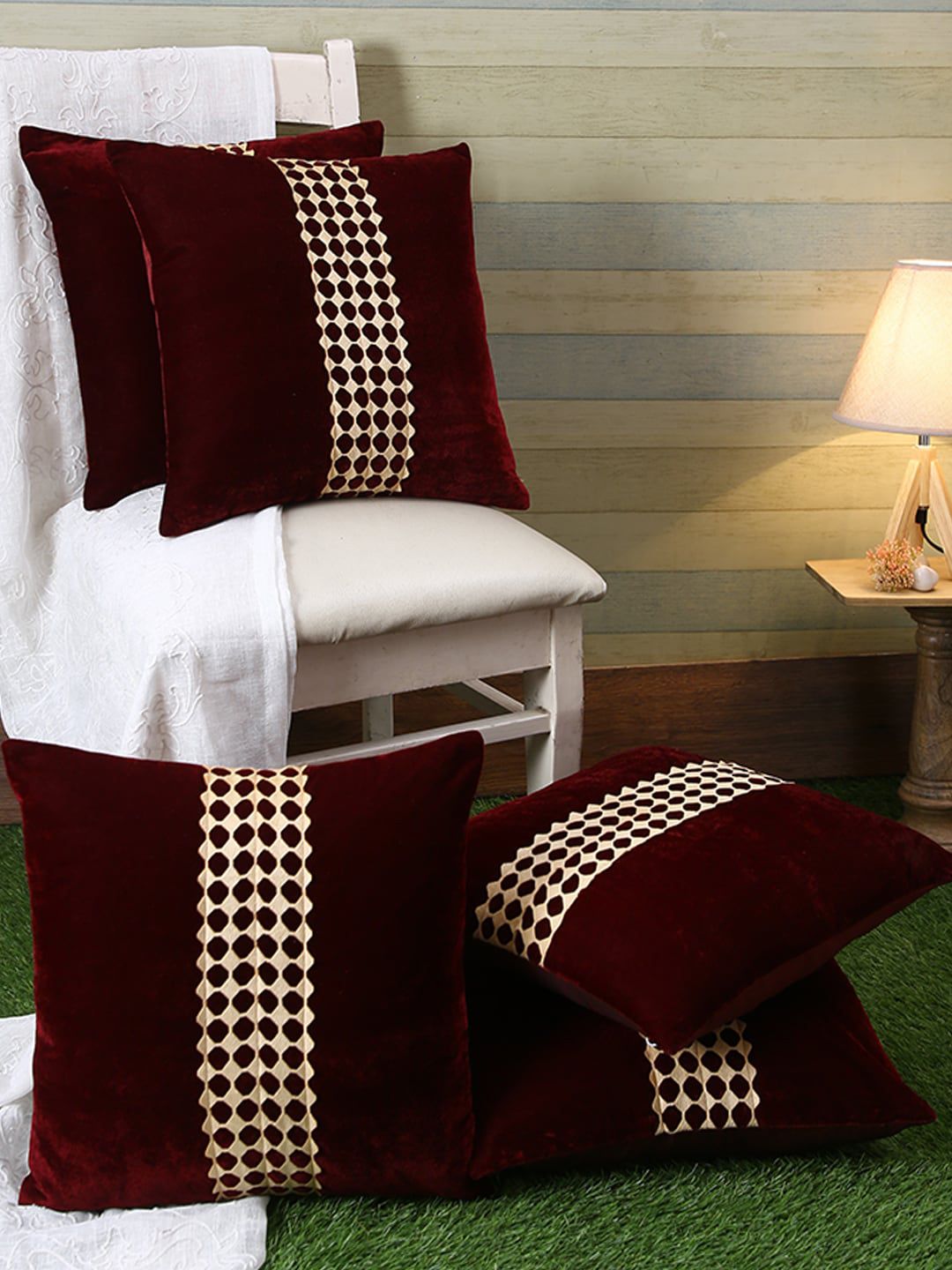 ROMEE Maroon & Beige Set of 5 Geometric Square Cushion Covers Price in India