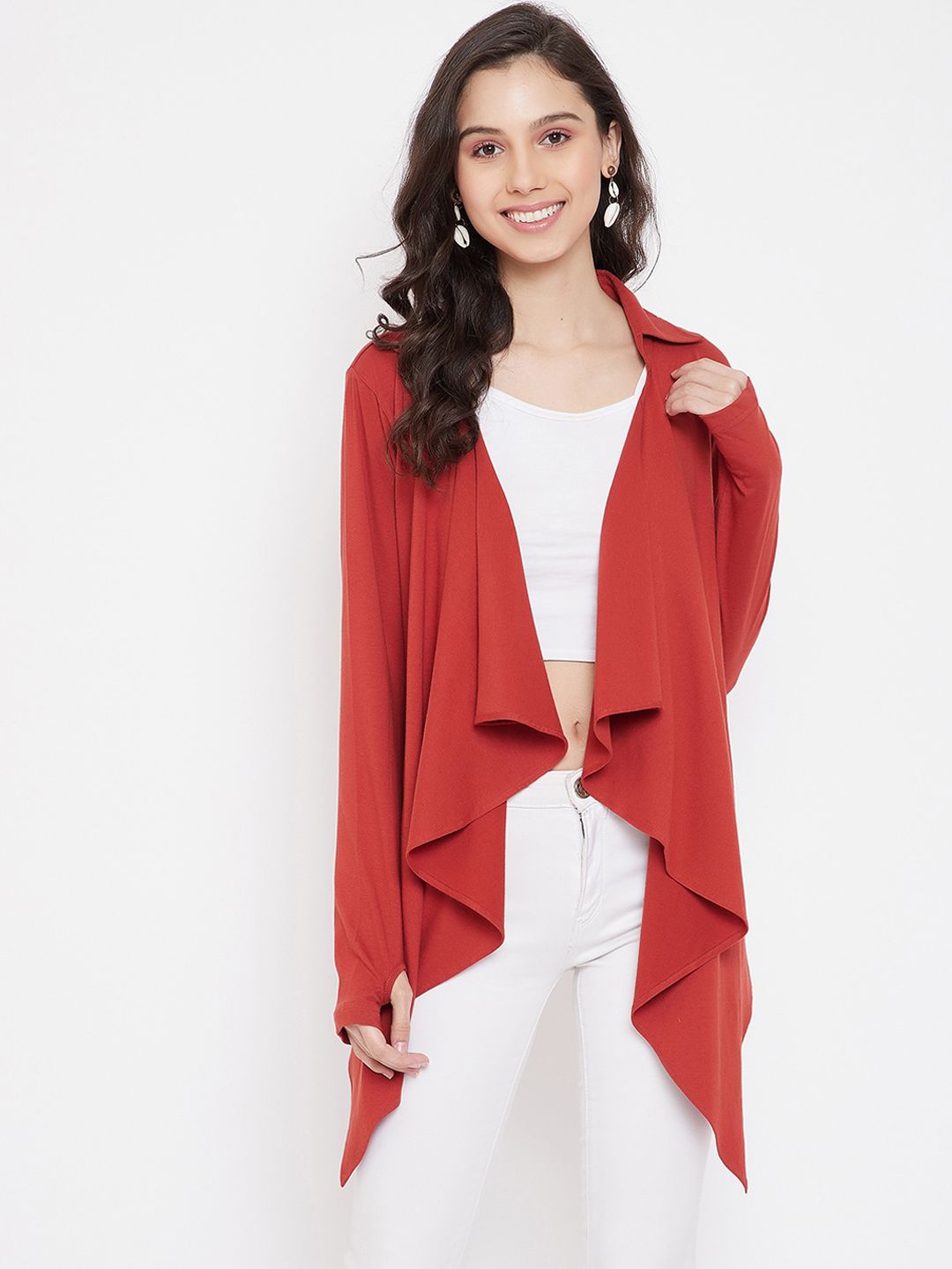 Hypernation Women Red Solid Open Front Shrug Price in India