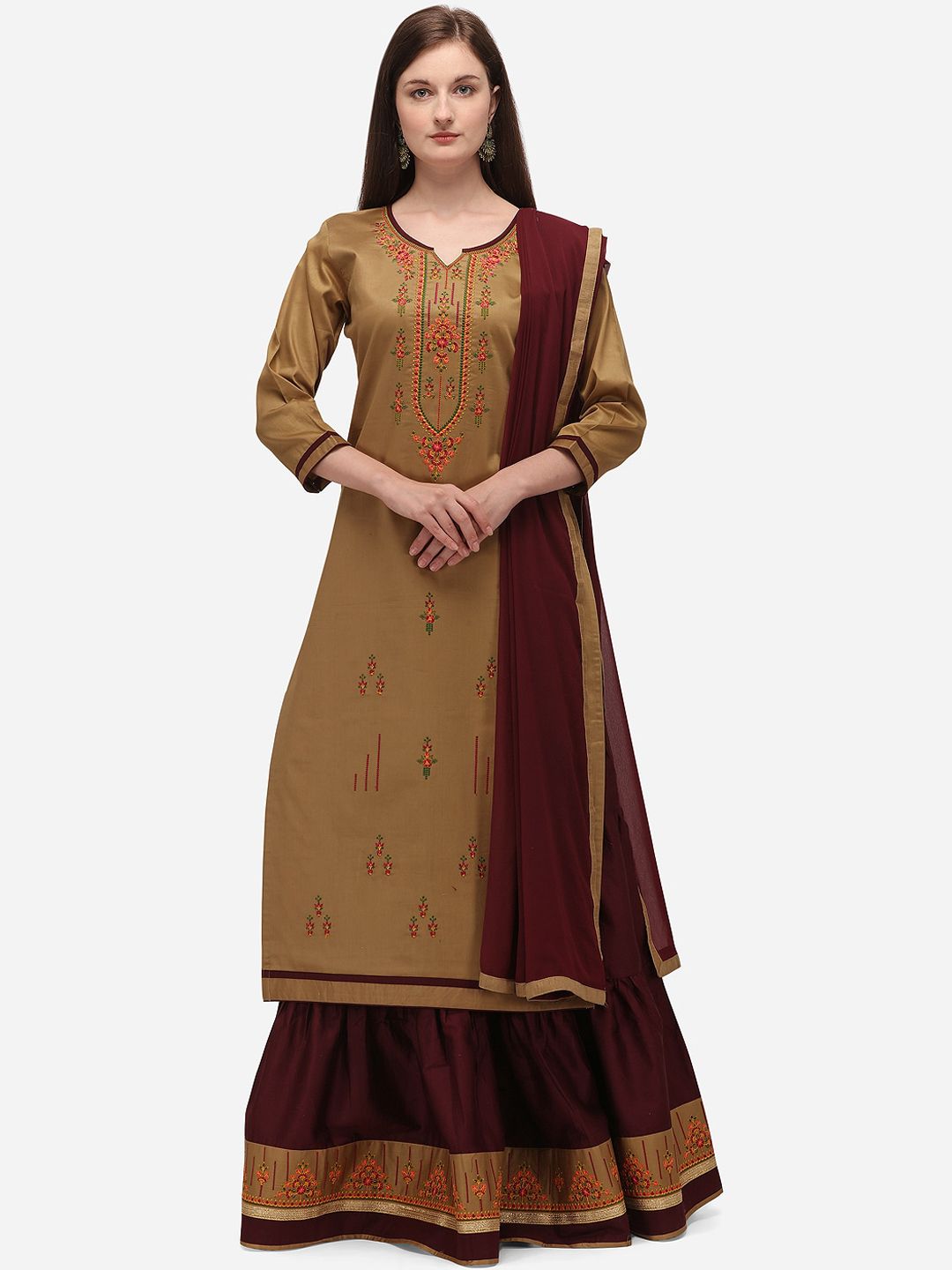 SheWill Brown & Khaki Silk Blend Unstitched Dress Material Price in India