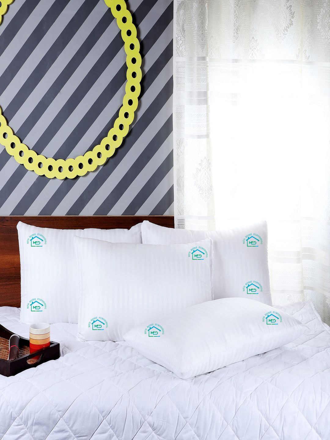 MFD HOME FURNISHING Set Of 5 White Striped Sleep Pillows Price in India