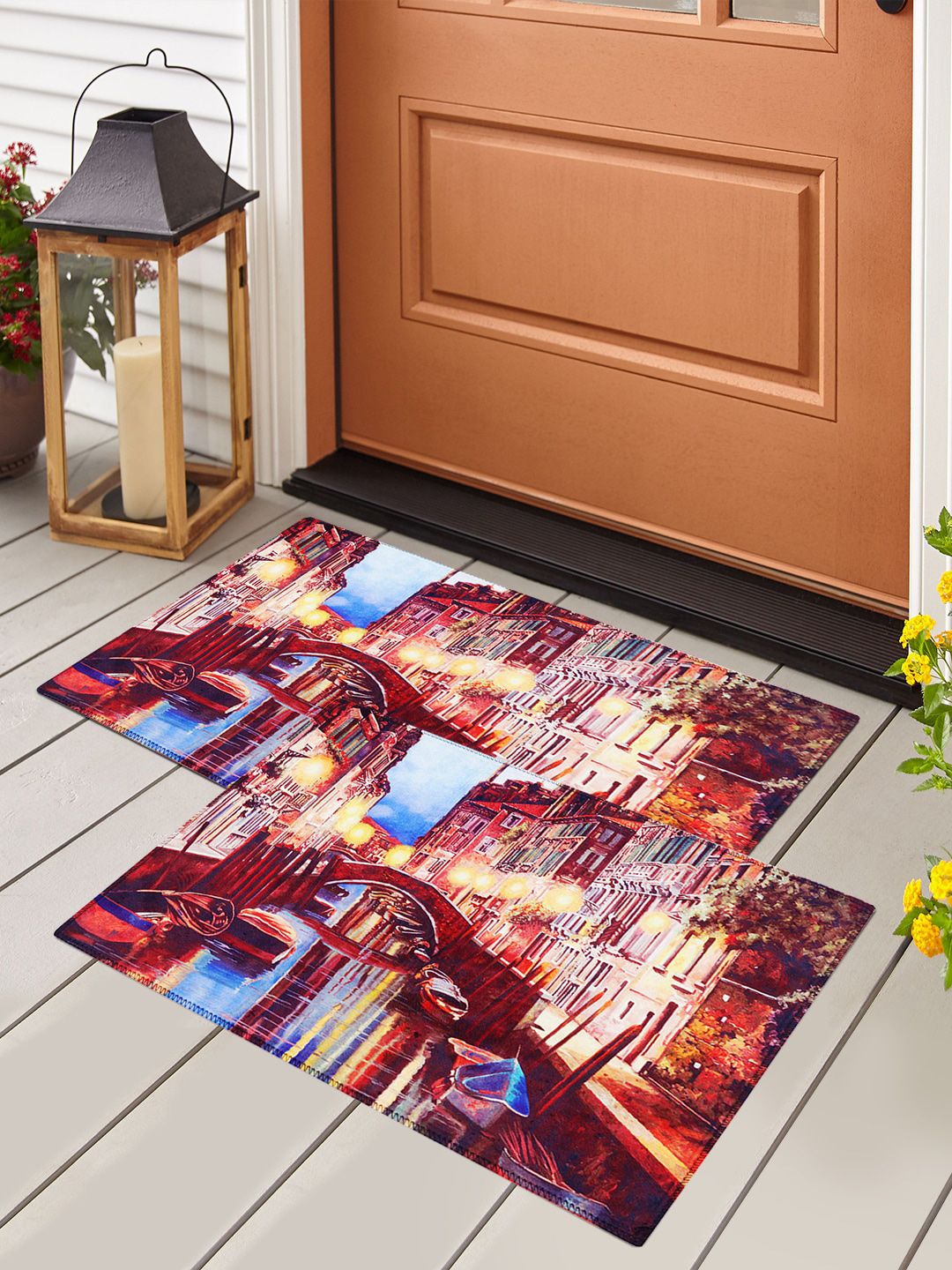 Story@home Set Of 2 Red & Blue Printed Anti-Skid Doormats Price in India