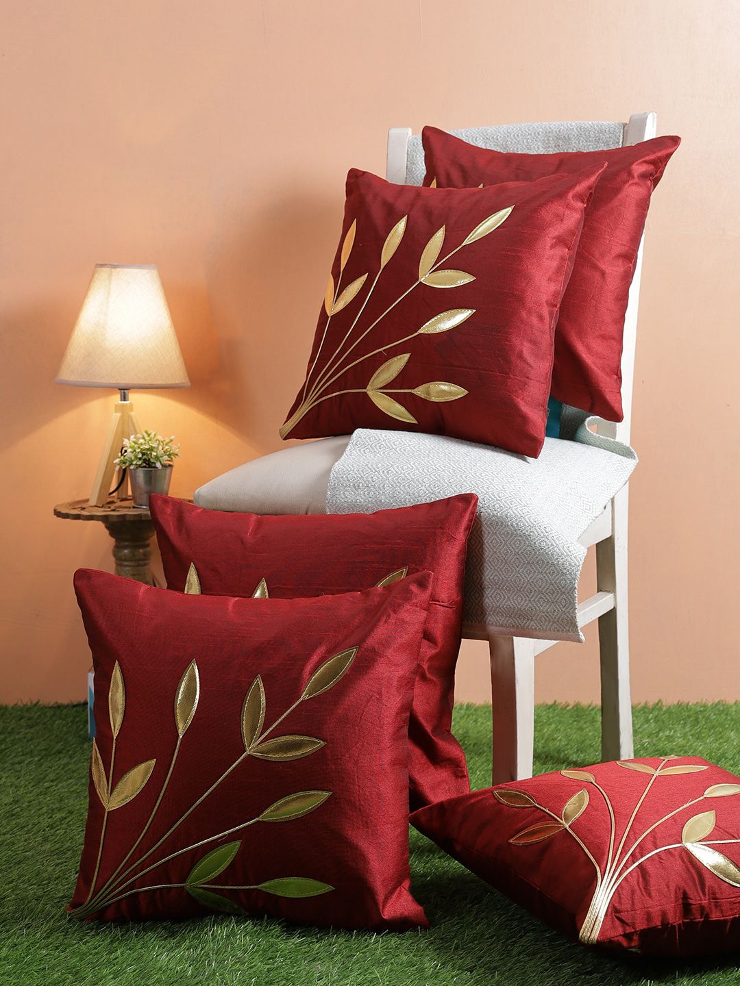 ROMEE Red & Gold-Toned Set of 5 Embellished Square Cushion Covers Price in India