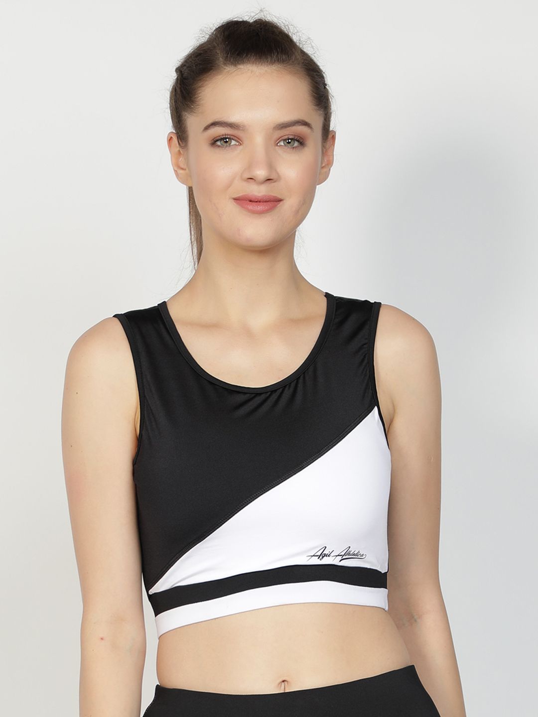 AGIL ATHLETICA Black & White Colourblocked Removable Padding Workout Bra AW2115BKWH02BR Price in India