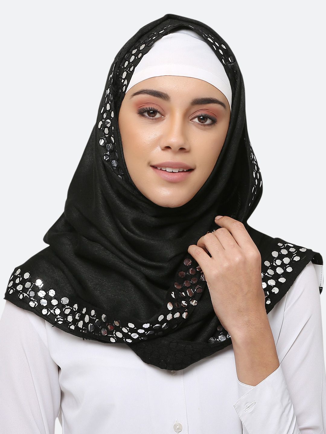 MOMIN LIBAS Women Black & Silver-Toned Solid Hijab Scarf Price in India