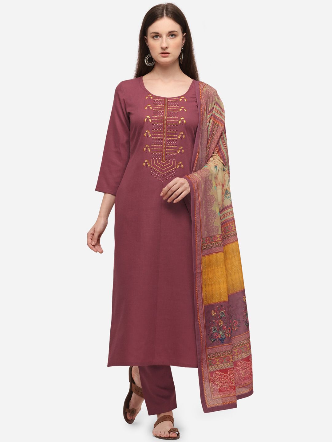 SheWill Mauve & Red Cotton Blend Unstitched Dress Material Price in India