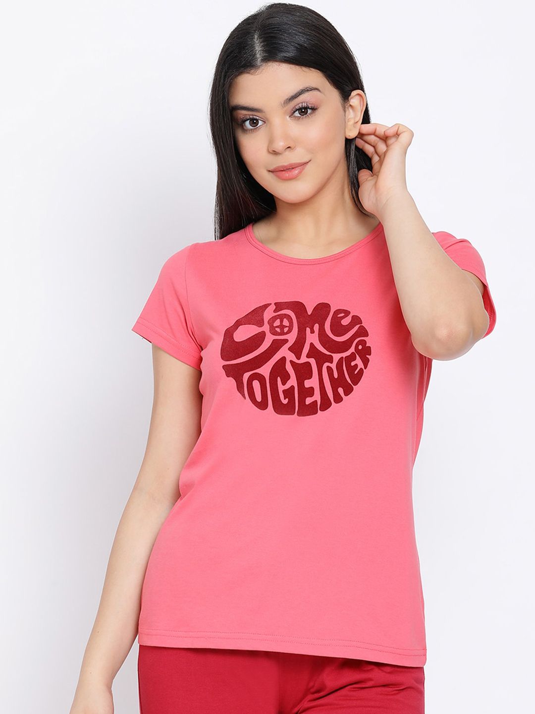 Kanvin Women Pink Printed Cotton Lounge T-shirt Price in India