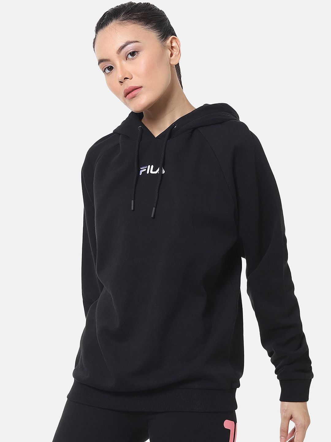 FILA Women Black Solid Hooded Sweatshirt Price in India