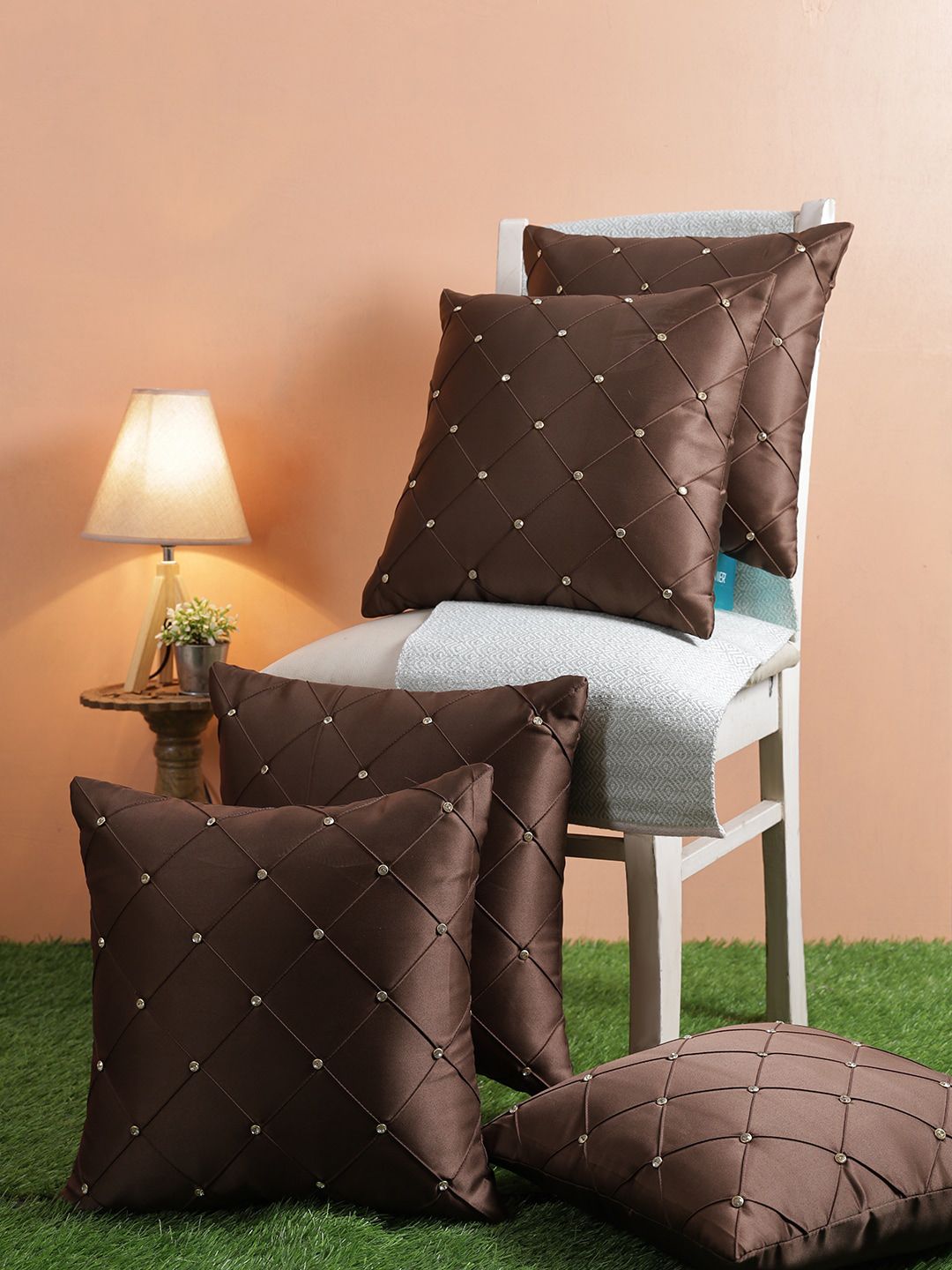 ROMEE Coffee Brown & Gold-Toned Set of 5 Geometric Square Cushion Covers Price in India