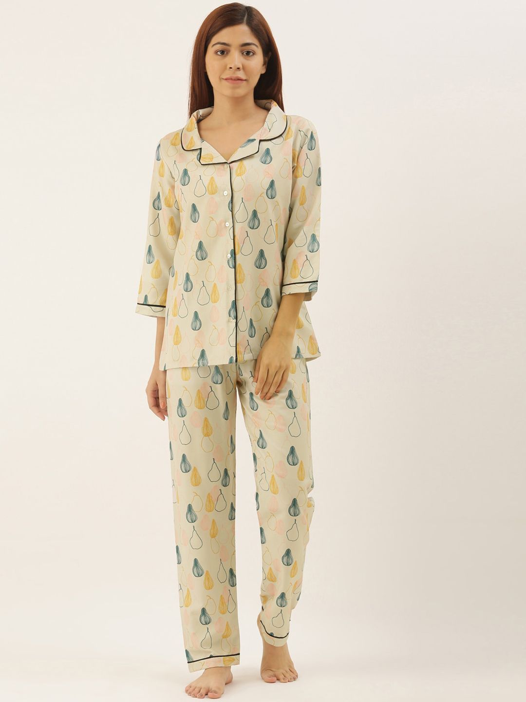 Bannos Swagger Women Cream-Coloured & Yellow Printed Night suit Price in India