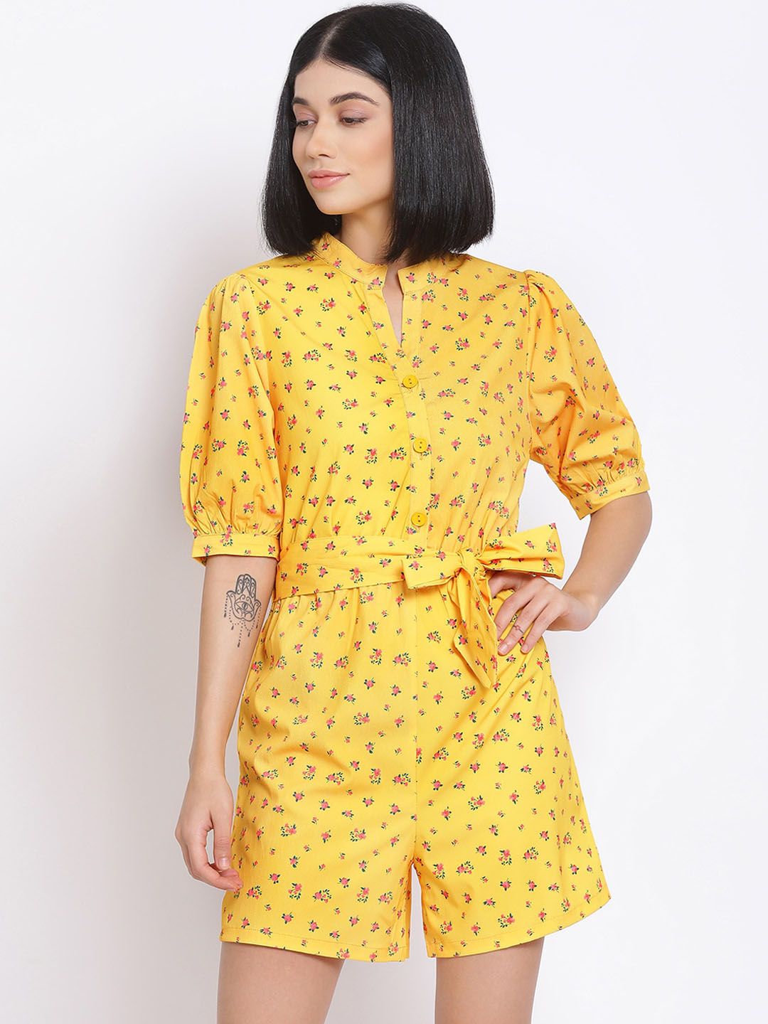 Oxolloxo Women Yellow & Pink Printed Playsuit Price in India