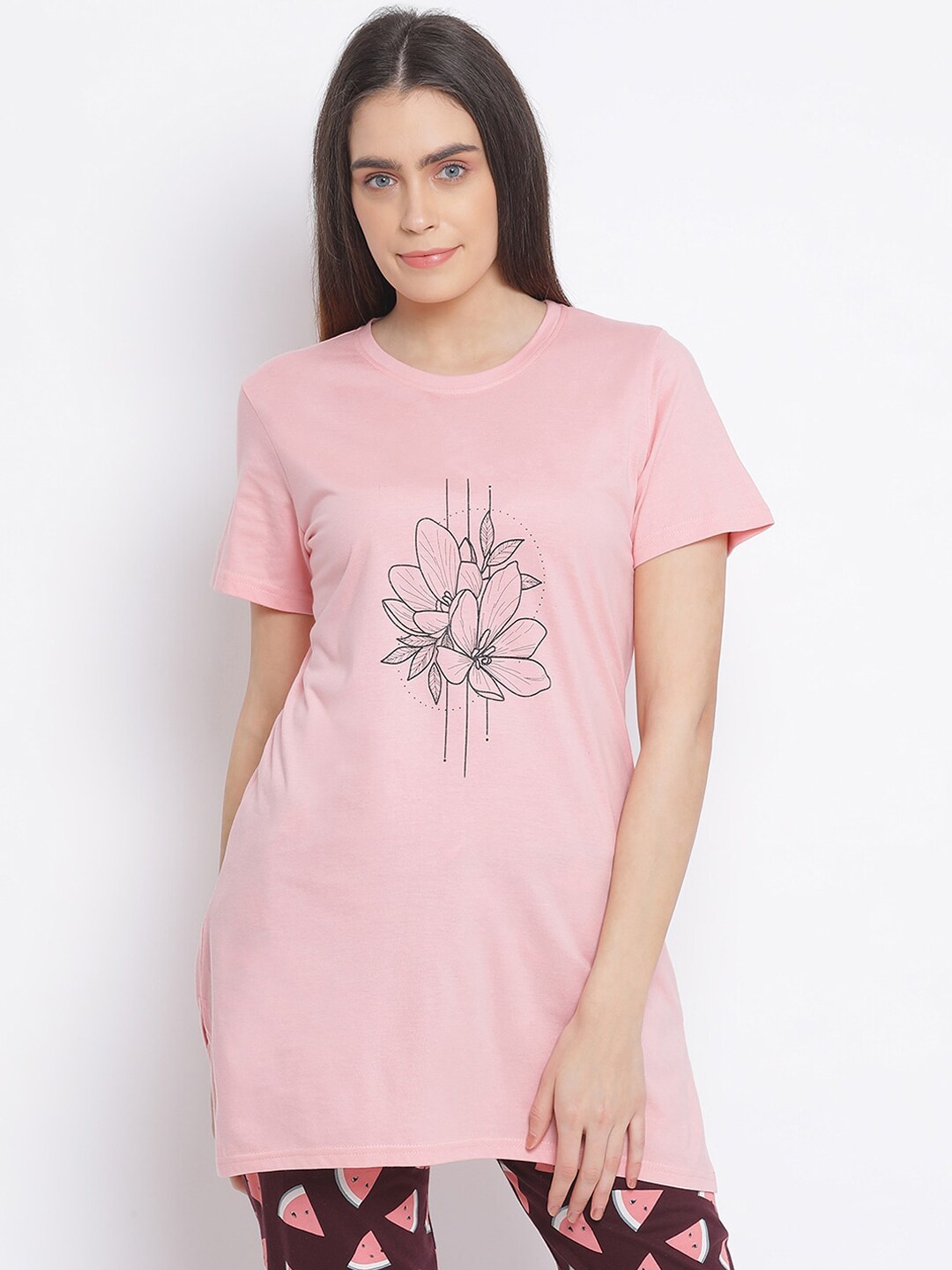 Kanvin Women Pink & Black Printed Lounge T-shirt Price in India