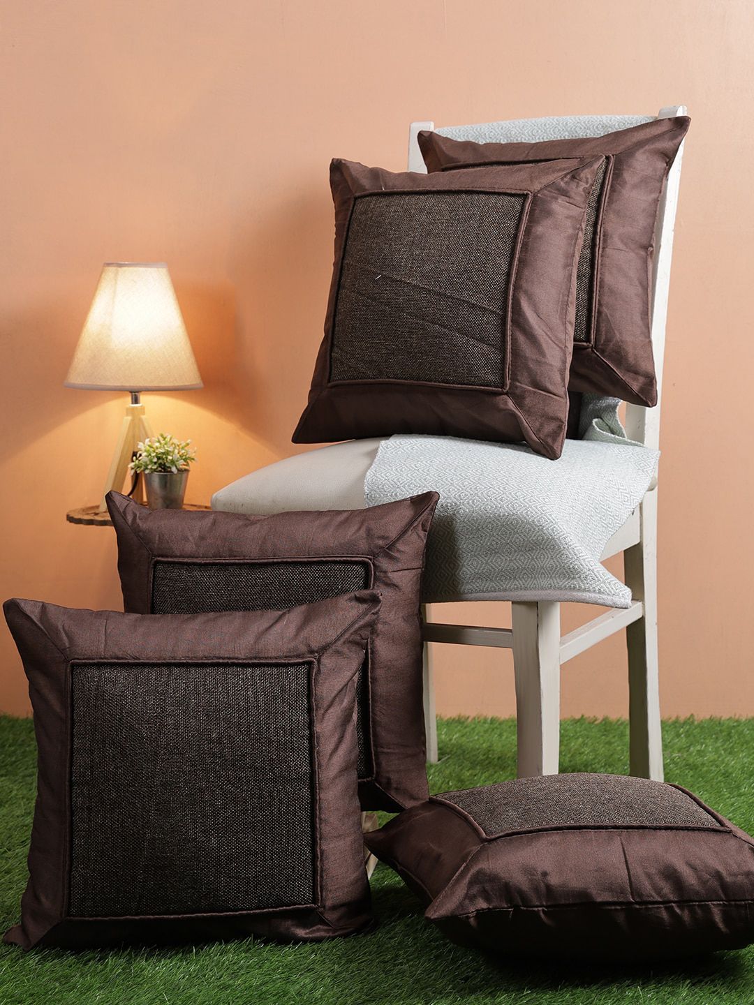 ROMEE Brown Set of 5 Self Design Square Cushion Covers Price in India