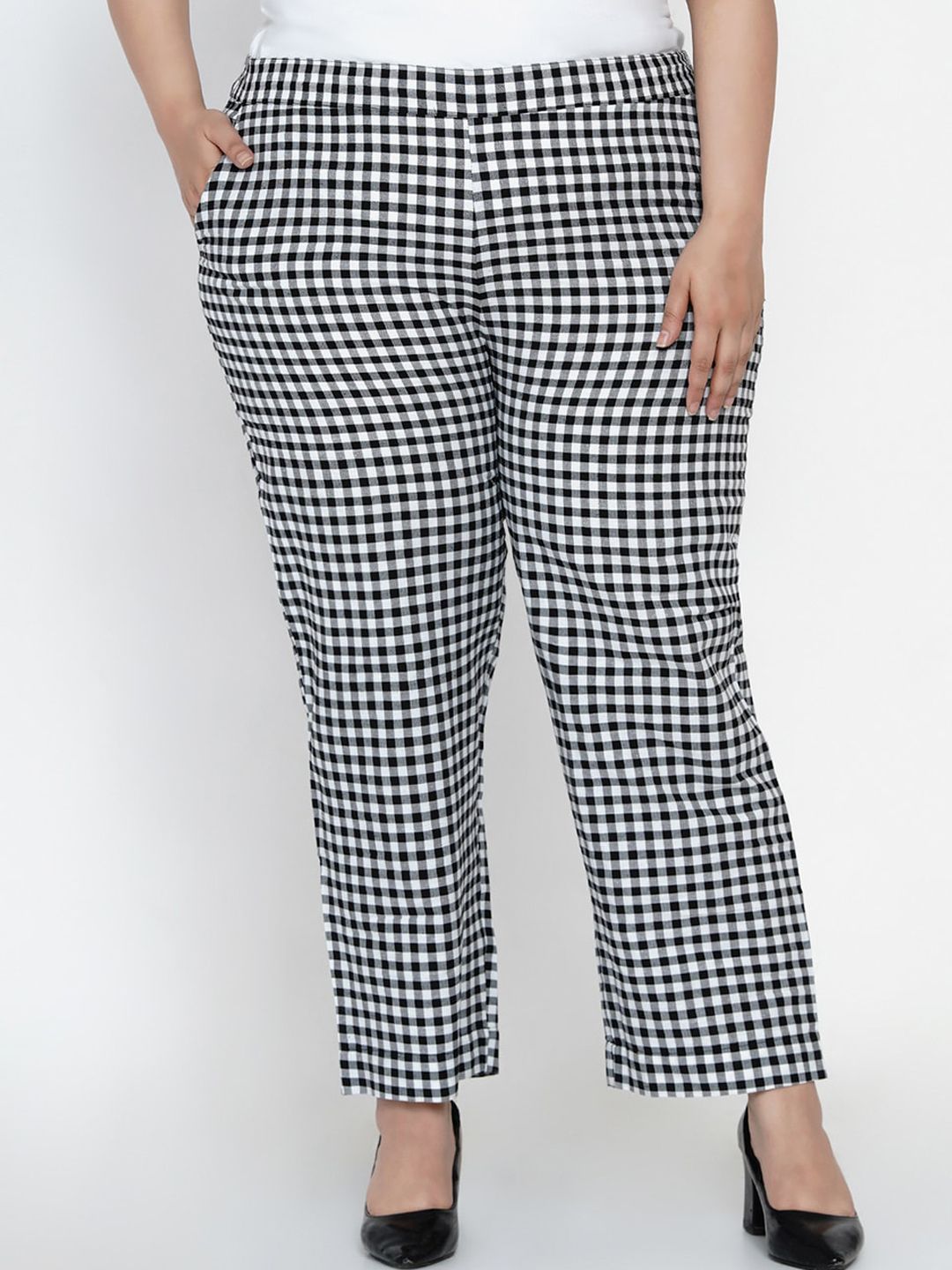 Fabnest Curve Women Black & White Regular Fit Checked Trousers Price in India