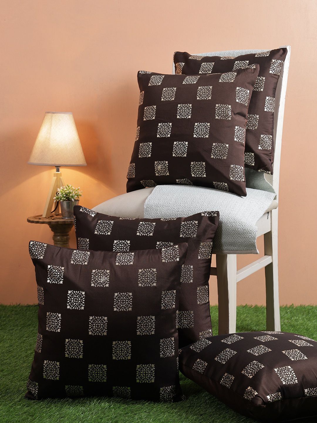 ROMEE Coffee Brown & Gold-Toned Set of 5 Ethnic Motifs Square Cushion Covers Price in India