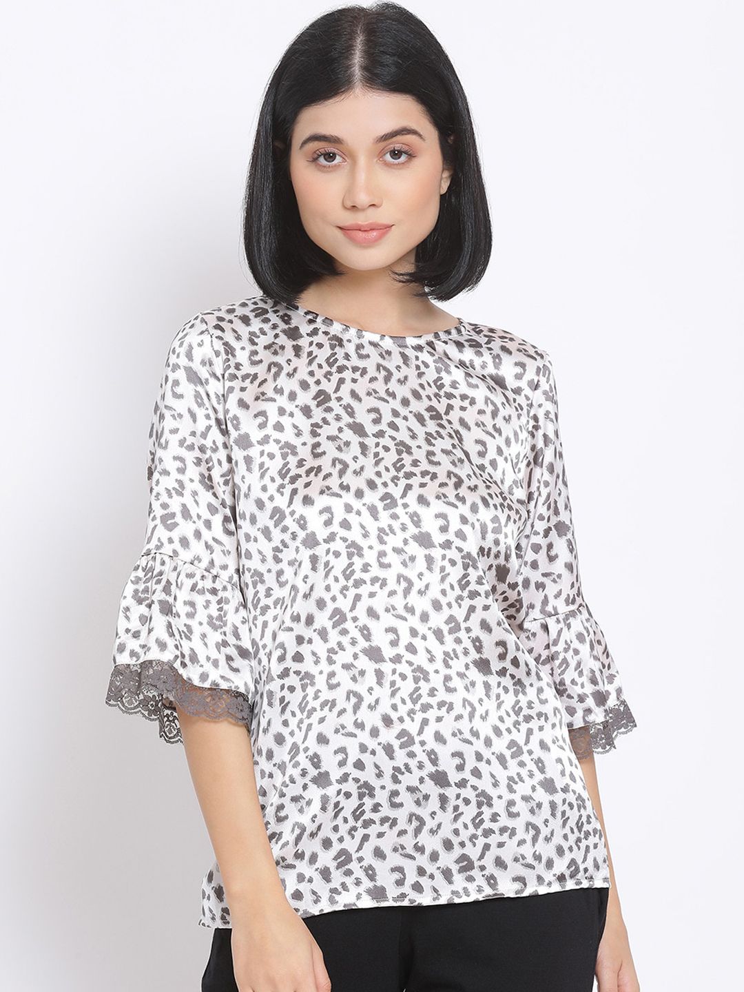 Oxolloxo Women White & Grey Printed Lounge T-Shirt Price in India