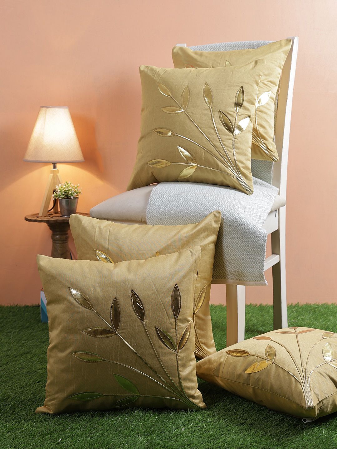 ROMEE Set of 5 Beige & Gold-Toned Set of 5 Embroidered Square Cushion Covers Price in India