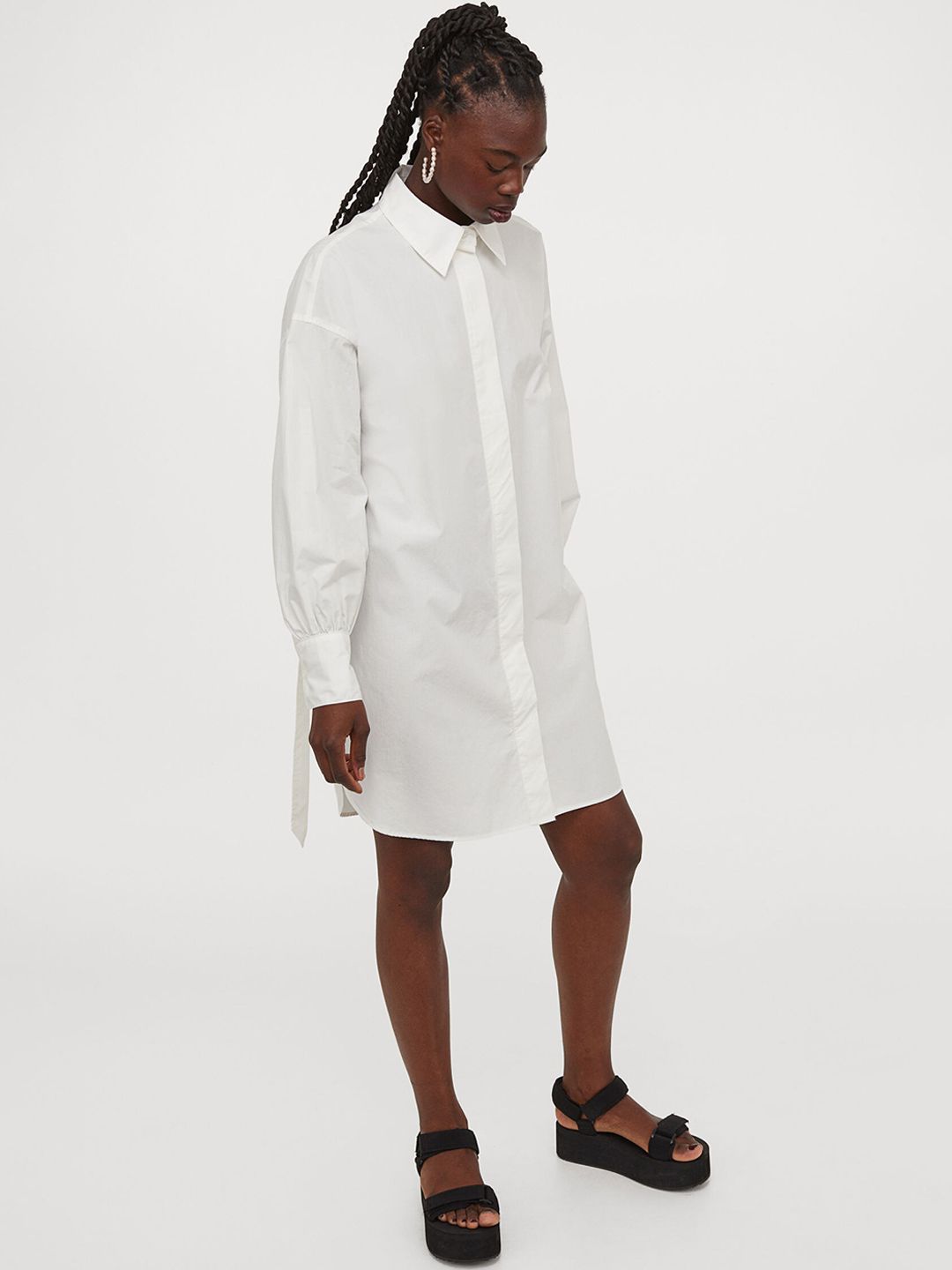 H&M Women White Solid Tie Belt Shirt Dress Price in India