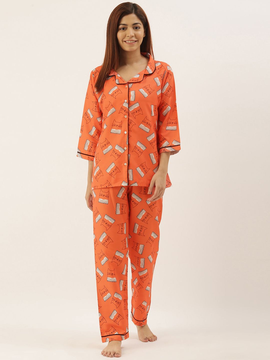 Bannos Swagger Women Orange & White Printed Night Suit Price in India