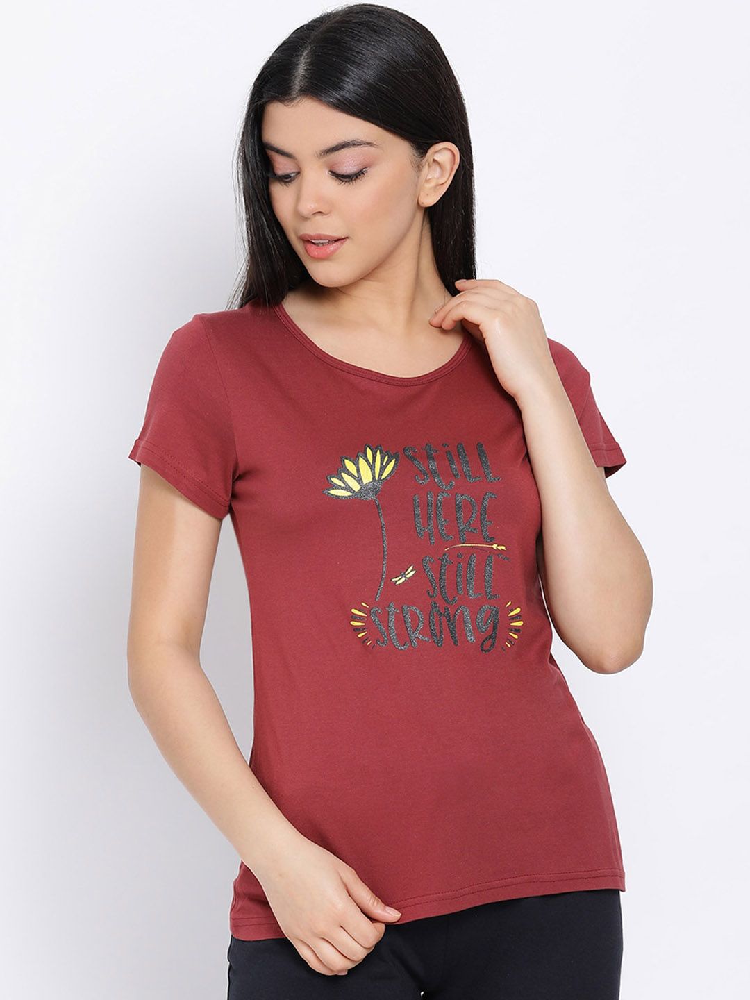 Kanvin Women Maroon & Black Printed Lounge T-shirt Price in India